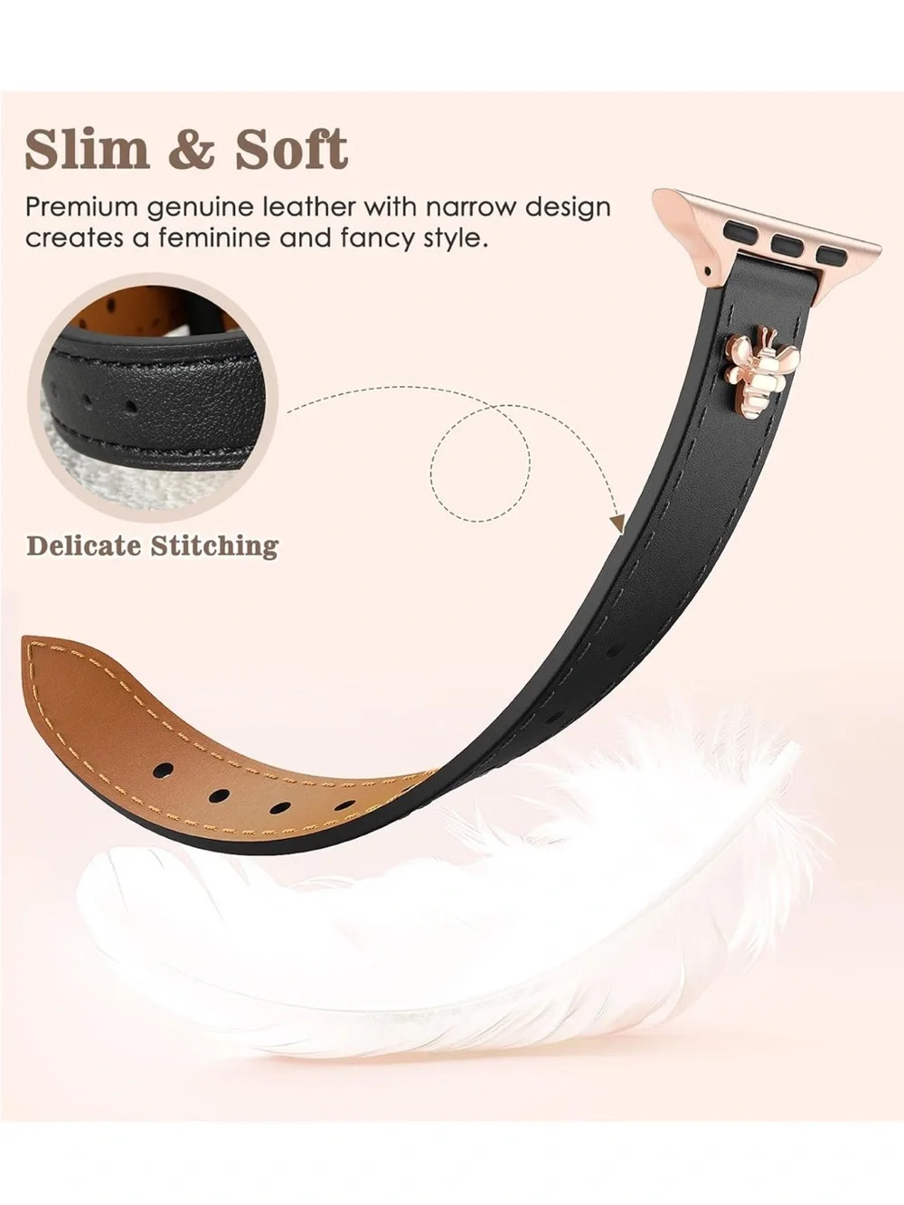 Elegant 100% leather strap for AppleWatch featuring bees. Narrow and feminine